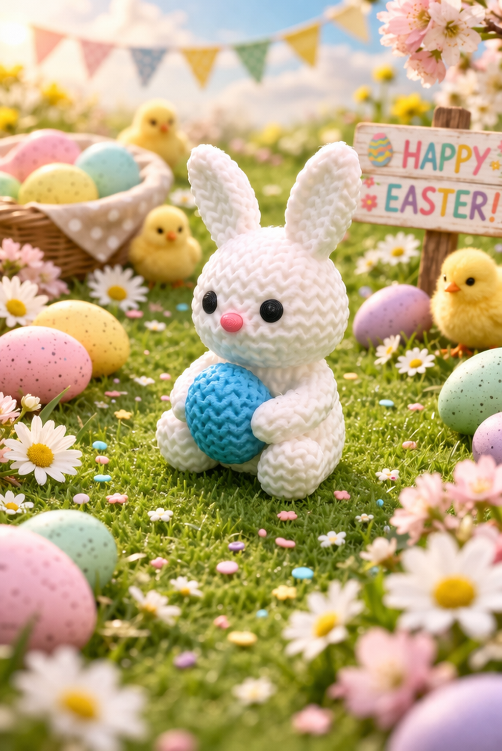 Knitted-Style Easter Bunny Figurine with Heart | 3D Printed Spring Gift