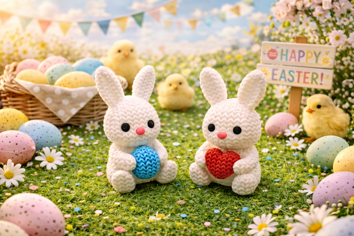 Knitted-Style Easter Bunny Figurine with Heart | 3D Printed Spring Gift
