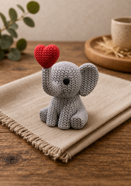 Knitted-Style Elephant Figurine with Heart | 3D Printed Gift for Animal Lovers