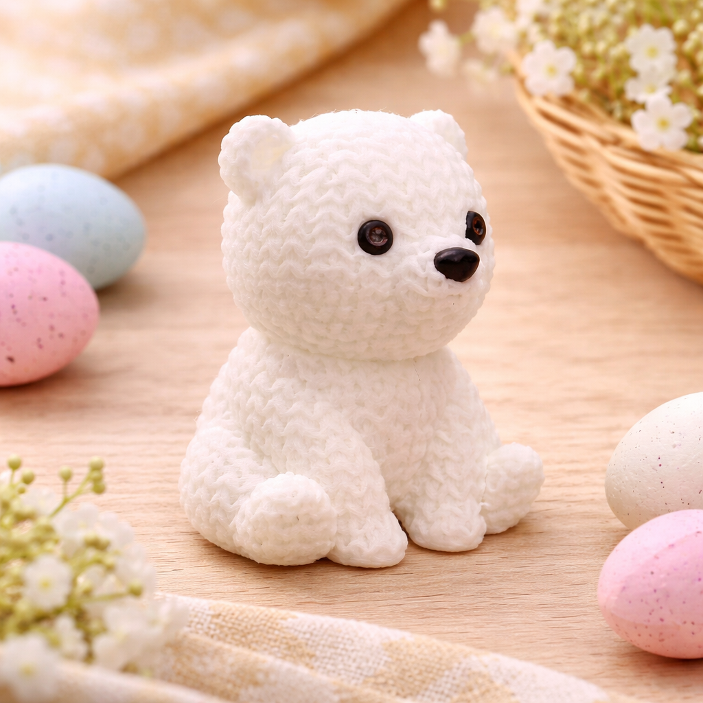 Knitted-Style Polar Bear Cub Figurine | 3D Printed Winter Gift