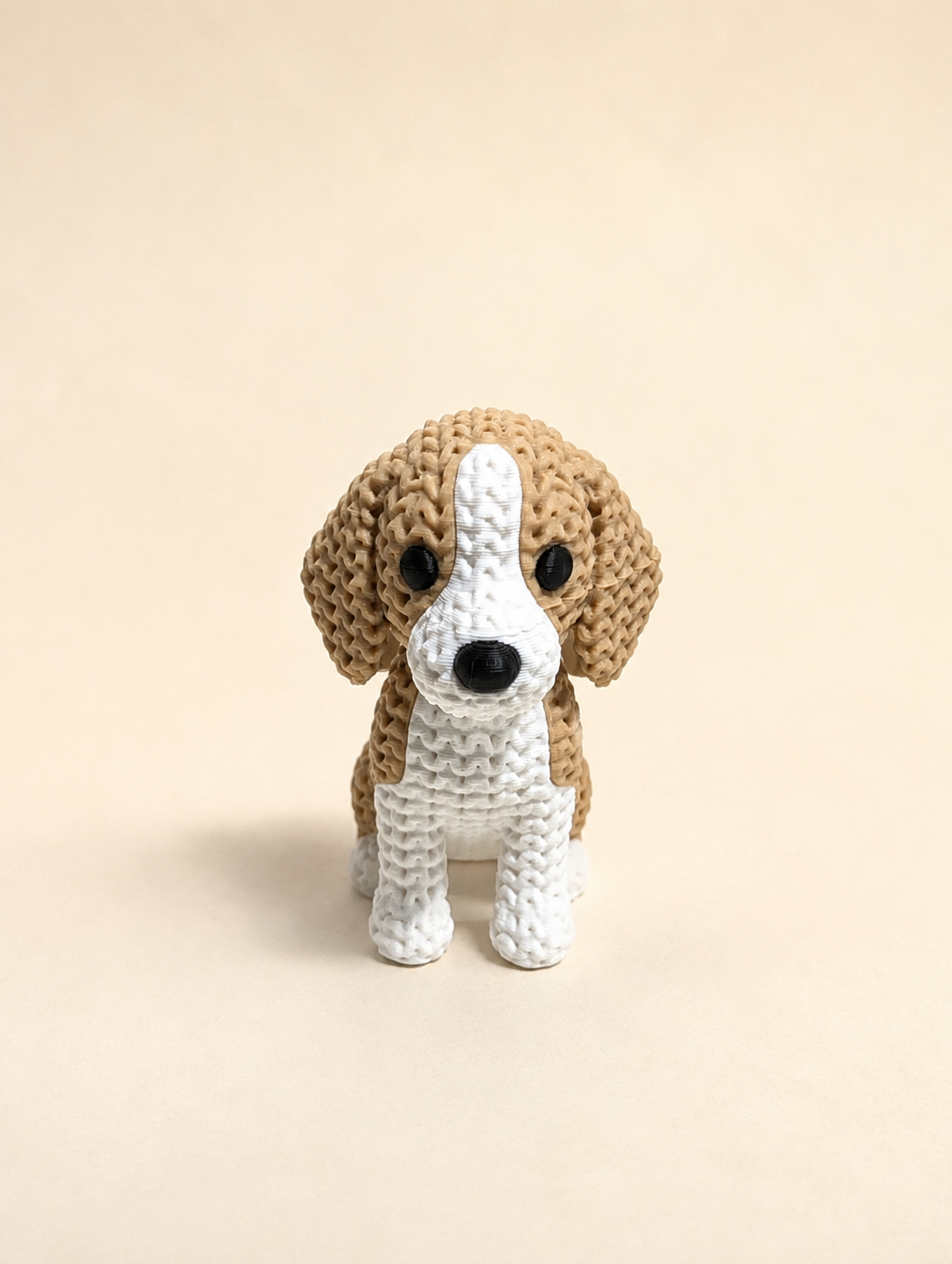 Knitted-style 3D printed Beagle dog figurine, front view