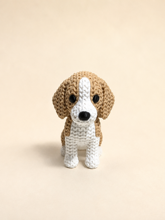 Knitted-style 3D printed Beagle dog figurine, front view