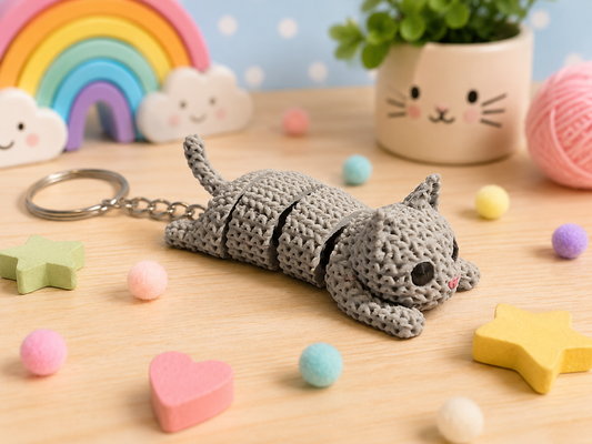 Knitted-Style Articulated Cat Keyring | 3D Printed Cat Keychain Gift