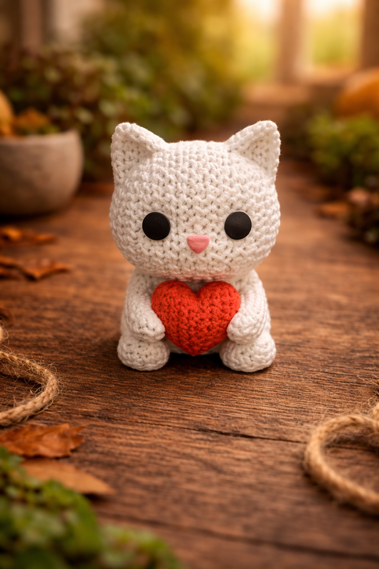 Knitted-Style Cat with Heart Figurine | 3D Printed Gift for Cat Lovers