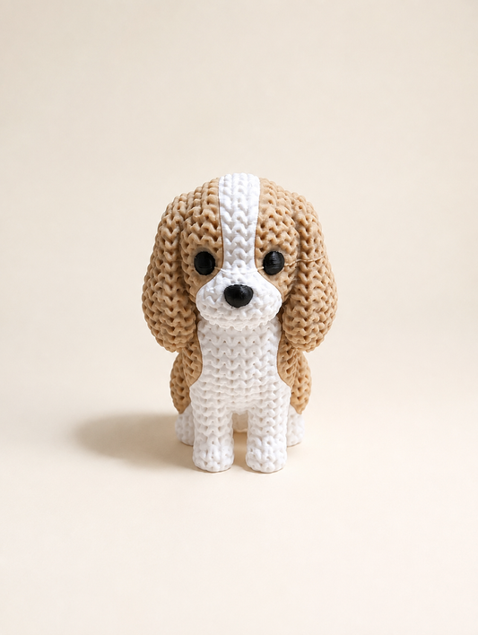 Knitted-style 3D printed Cavalier King Charles Spaniel figurine, front view