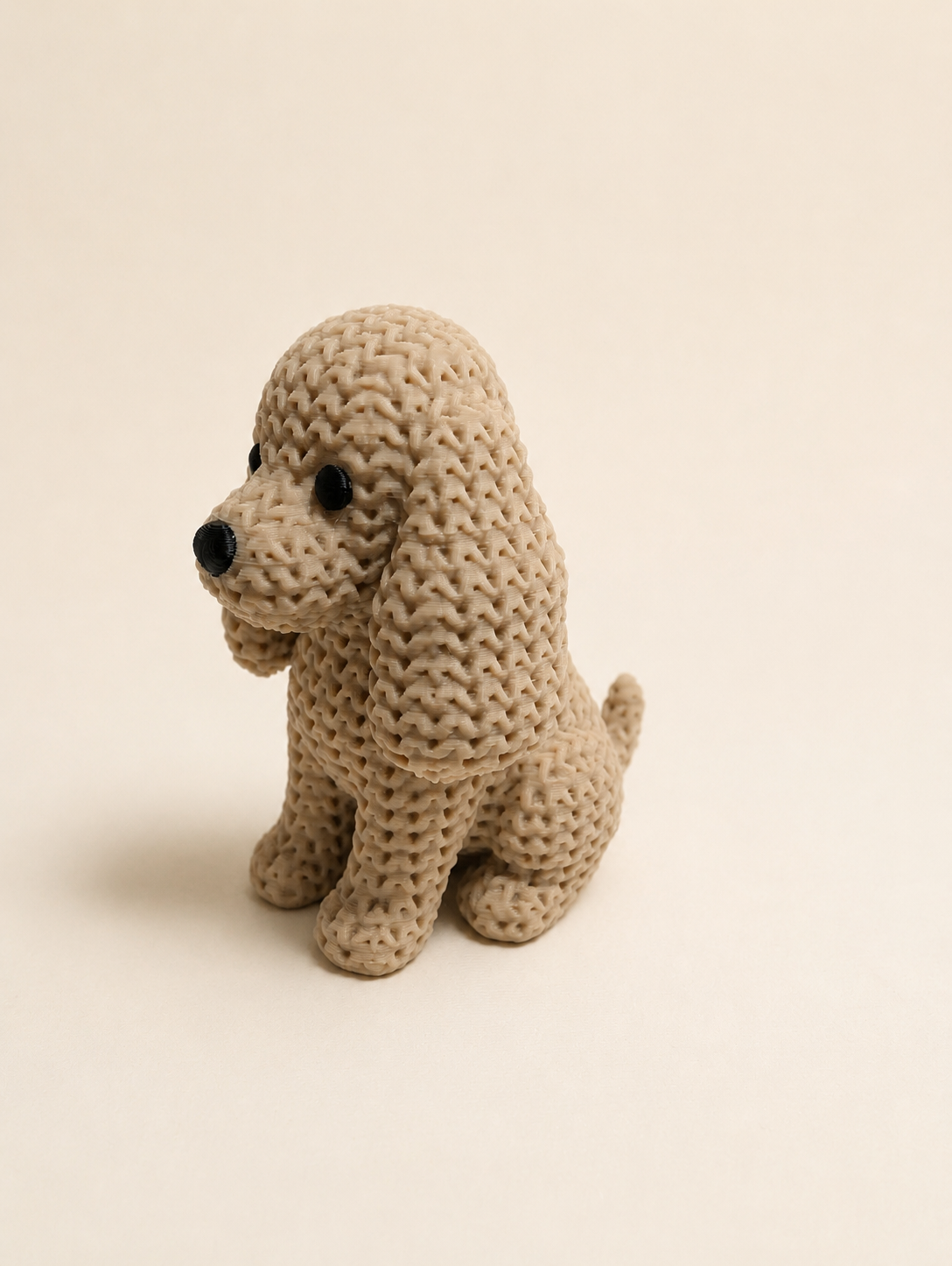 Knitted-style 3D printed Cocker Spaniel dog figurine, three-quarter view
