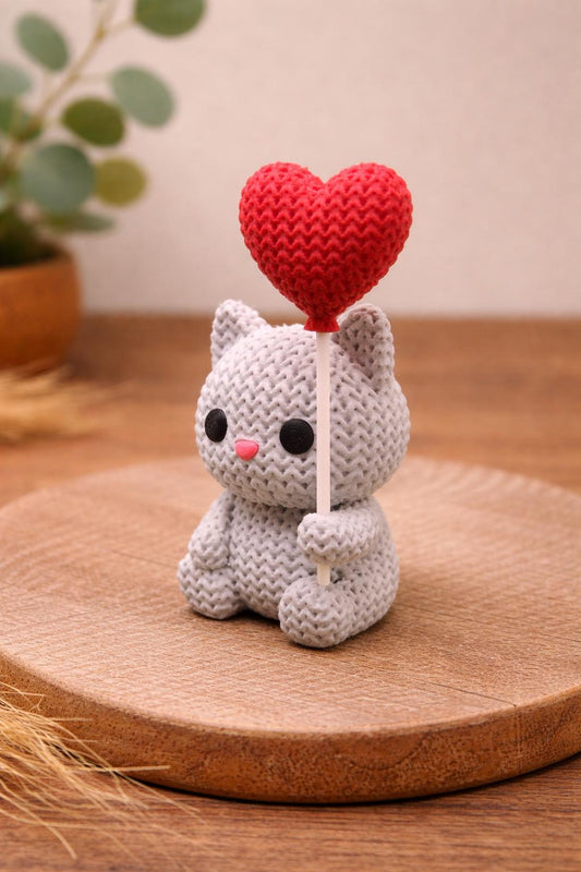 Knitted-Style Cat Figurine Holding a Heart | 3D Printed Gift for Cat Lovers