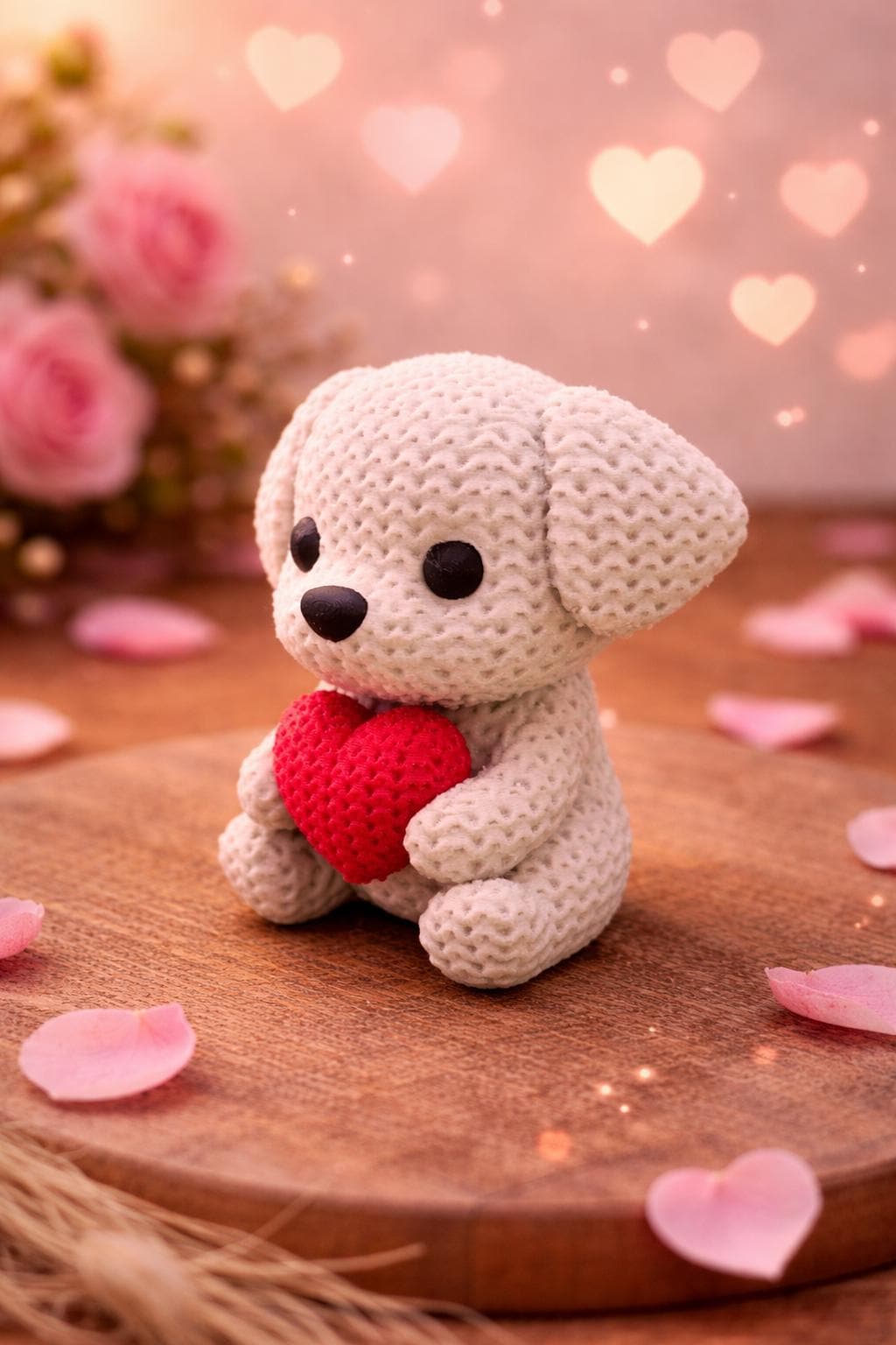 Knitted-Style Puppy Holding a Heart | 3D Printed Gift for Dog Lovers
