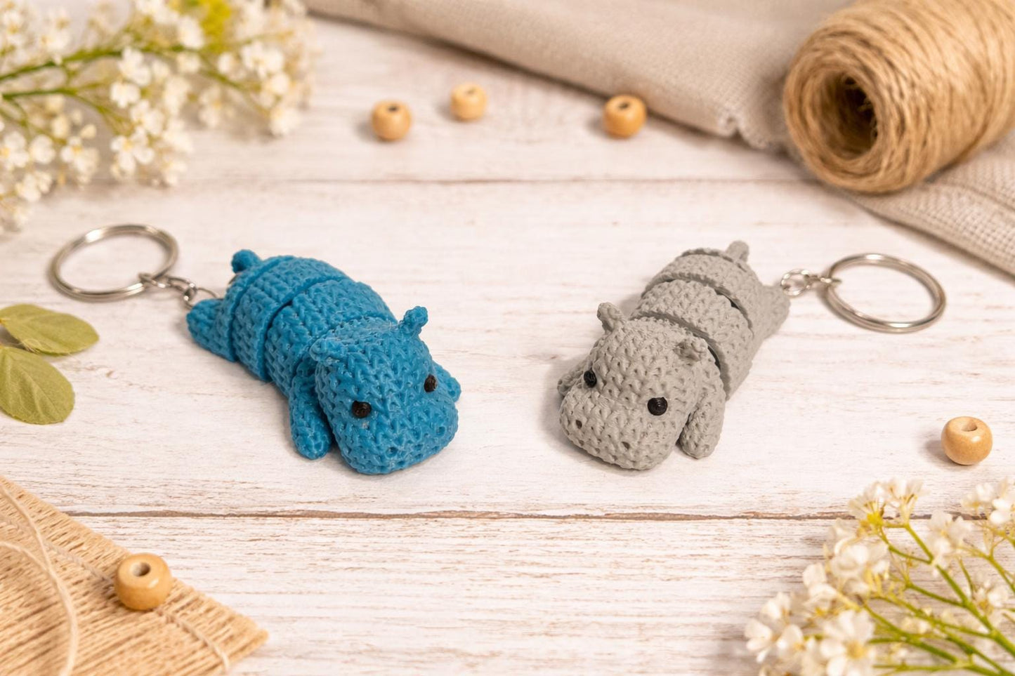 Knitted-Style Hippo Keyring | 3D Printed Animal Keychain Gift