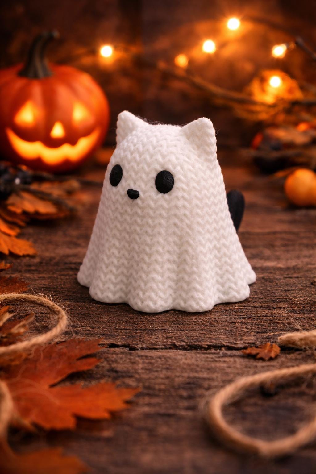 Knitted-Style Ghost Cat Figurine | 3D Printed Halloween & Cat Lover Gift