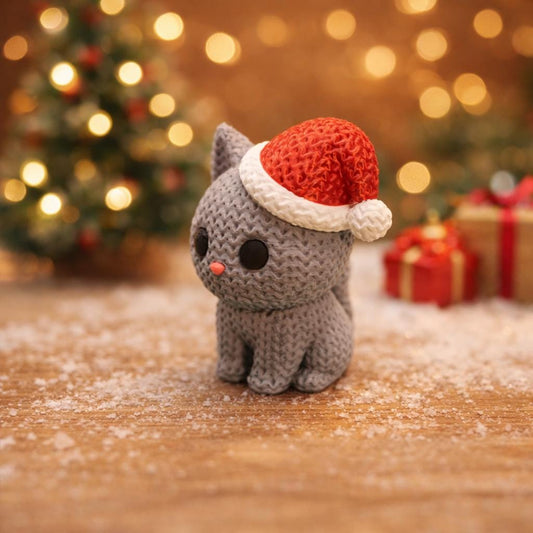 Knitted-Style Kitten with Santa Hat | 3D Printed Christmas Gift for Cat Lovers