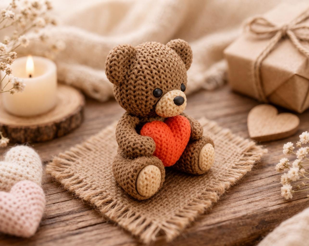 Knitted-Style Teddy Bear Holding a Heart | 3D Printed Valentine & Gift