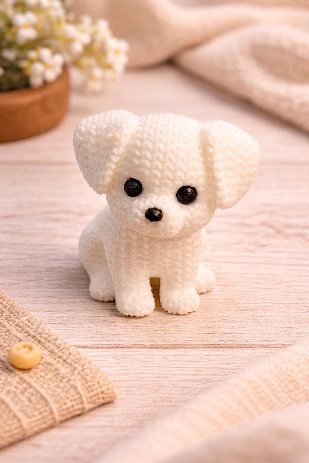 Knitted-Style White Puppy Figurine | 3D Printed Dog Gift