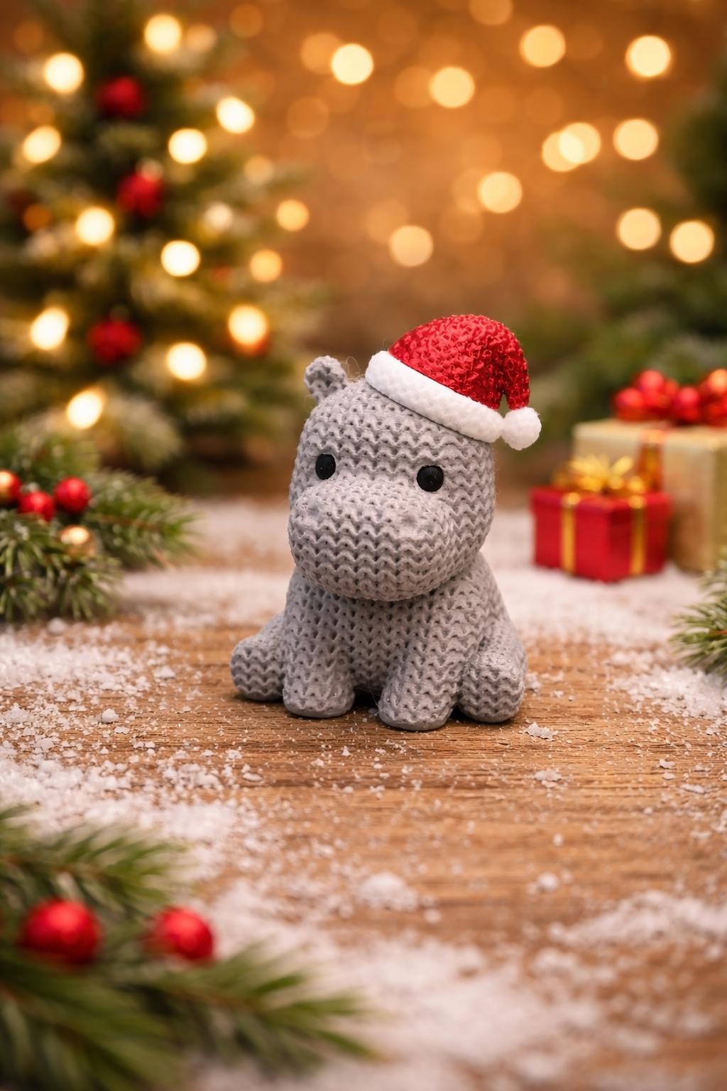 Knitted-Style Hippo with Santa Hat | 3D Printed Christmas Gift