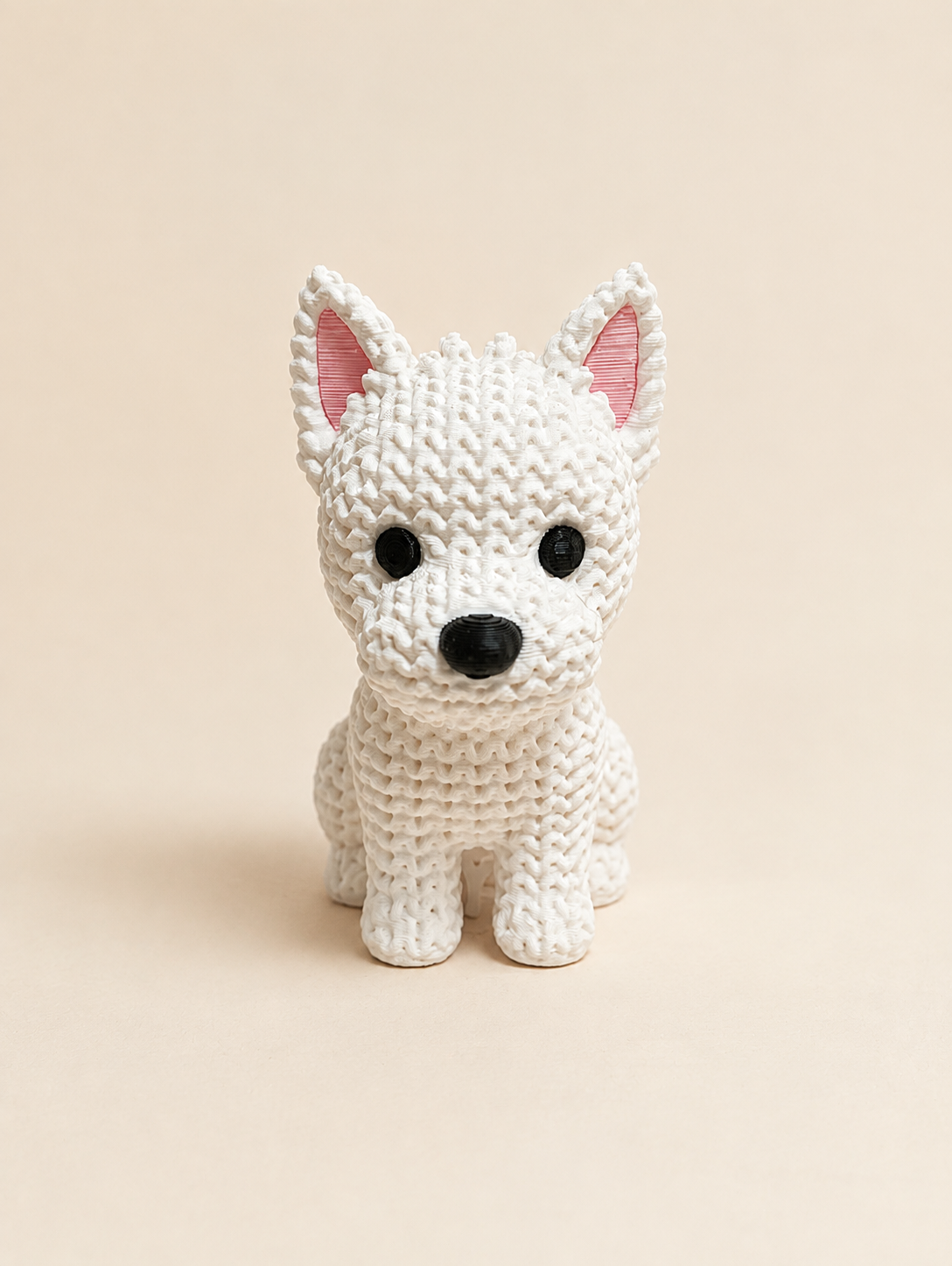 Knitted-style 3D printed white Westie dog figurine, front view