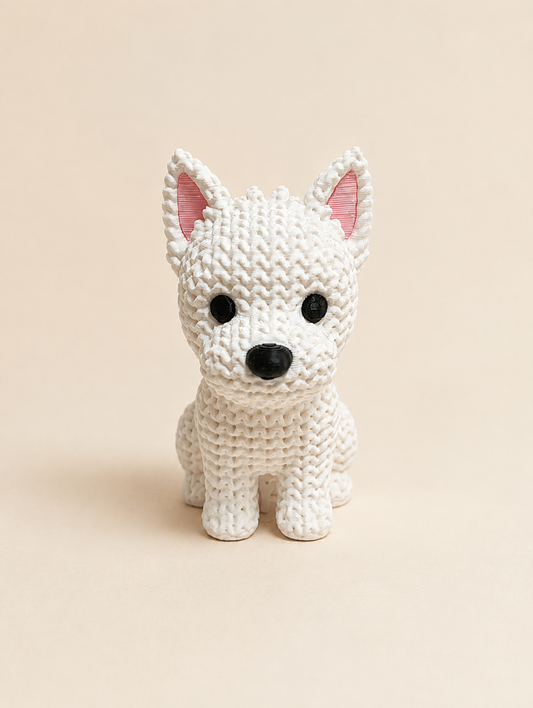 Knitted-style 3D printed white Westie dog figurine, front view
